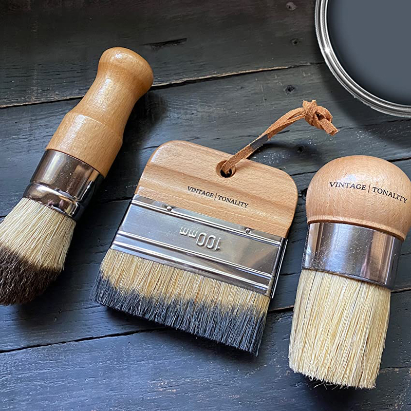 Vintage Tonality Large 3-in-1 Chalk Finish Brush Set Wide 2-inch Round Natural Boar Hair Bristles for Furniture Milk Paint Clear Wax with Bristle Cleaning Soap 