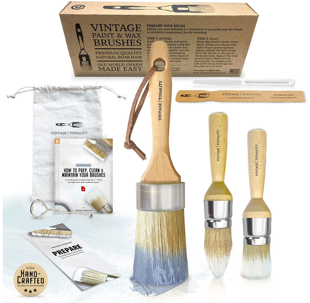 1st Place Products Professional Chalked Finish Paint & Wax Pure Bristle Brush Set 3 Brushes Hand Made 
